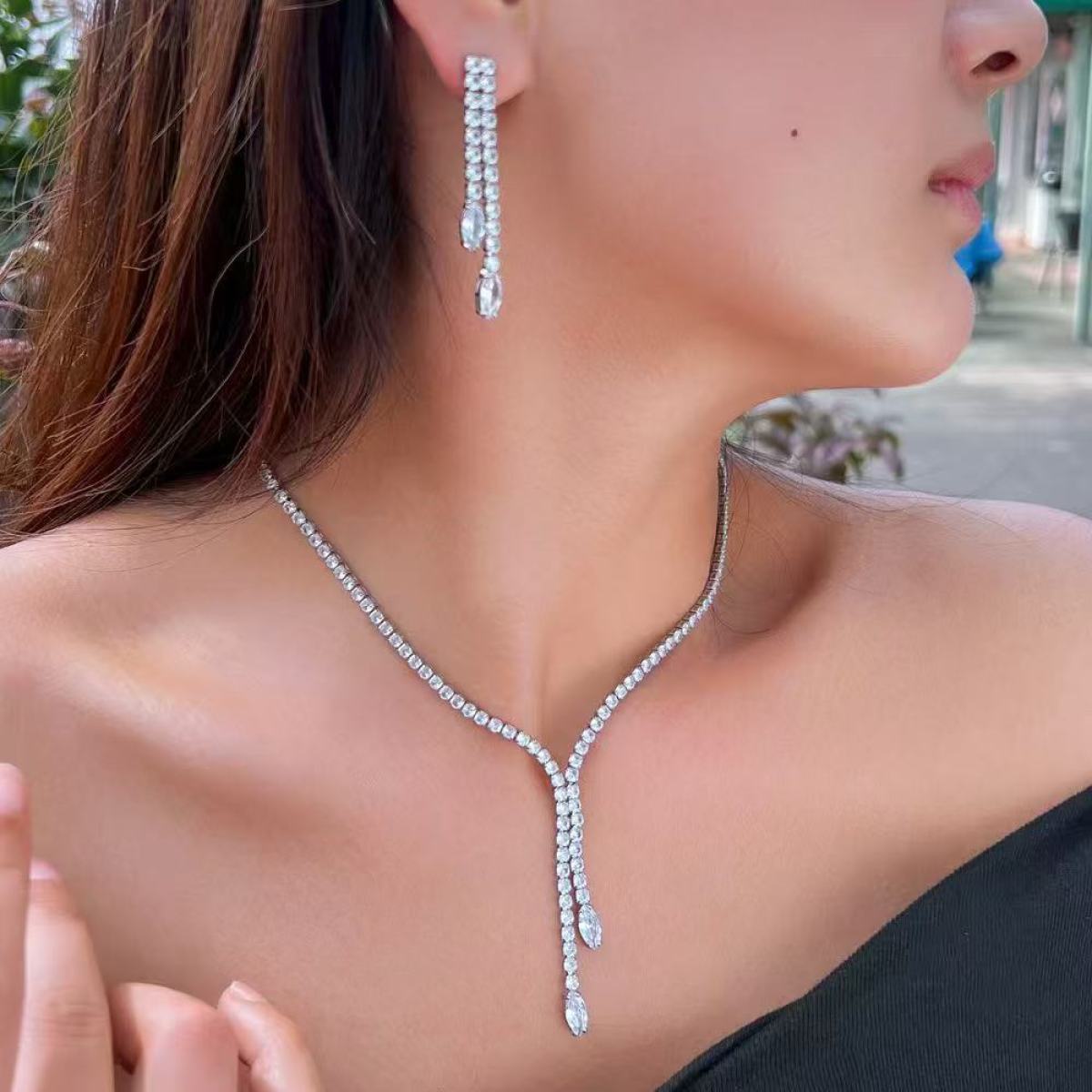 Full Diamond Light-Luxury Necklace and Earring Set - worn detail 2